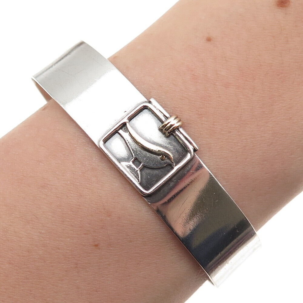 M&J Savitt 925 Sterling Silver 14K Gold Vintage Bird Adjustable Cuff Bracelet 6"